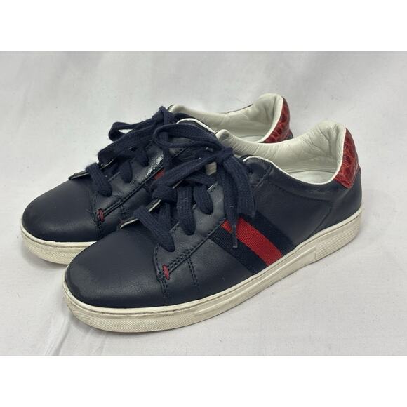 Gucci Boys Leather Lace Up Trainers Tennis Shoe Blue Red Size 30 Kids US 12.5